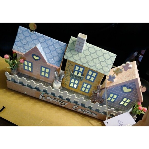 Happy Easter LED Putz Village Houses W/Timer Lights 9.75 X 5.5" X 2.5" - Picture 1 of 9